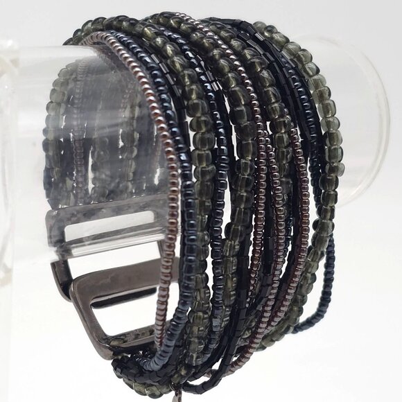 Cookie Lee Multi-Strand Beaded Bracelet With Metal Accents Black Gray Stretch - Picture 7 of 7